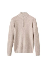 Maglione a coste beige con colletto alto e chiusura con mezza zip, caratterizzato da maniche lunghe e una vestibilità leggermente rilassata.