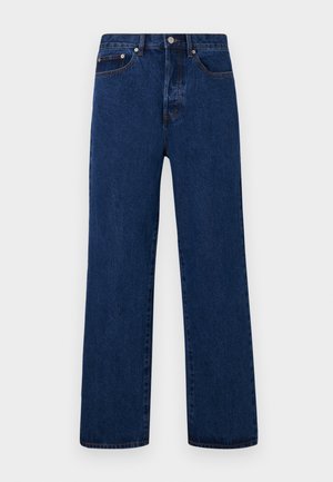 Dark blue denim jeans with a straight leg cut, featuring orange stitching, a button fly, and two front pockets with contrasting rivets.