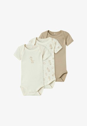 Trys kūdikių bodžiukai: šviesiai kreminis su žirafos dizainu, kreminis su gyvūnų raštais ir vienodos šviesiai rudos spalvos. Visi turi trumpas rankoves ir spaustukus.