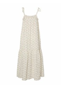 Blommig midiklänning med spaghettistlutar. Ljust krämfärgad tyg med små rosa och gröna blommor, vågig nederdel, mjuk textur, avslappnad passform.