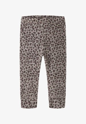 Leggings pour enfants avec une base grise et des taches léopard marron foncé, comprenant une taille élastique et des chevilles resserrées.
