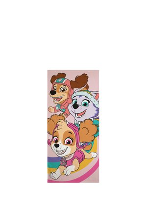 Three animated puppies in colorful outfits with joyful expressions on a pink towel with rainbow stripes.