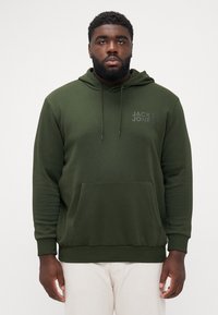 Olive green hoodie with a drawstring hood, front pocket, and Jack & Jones logo in a slightly darker shade on the chest. Soft fabric texture.