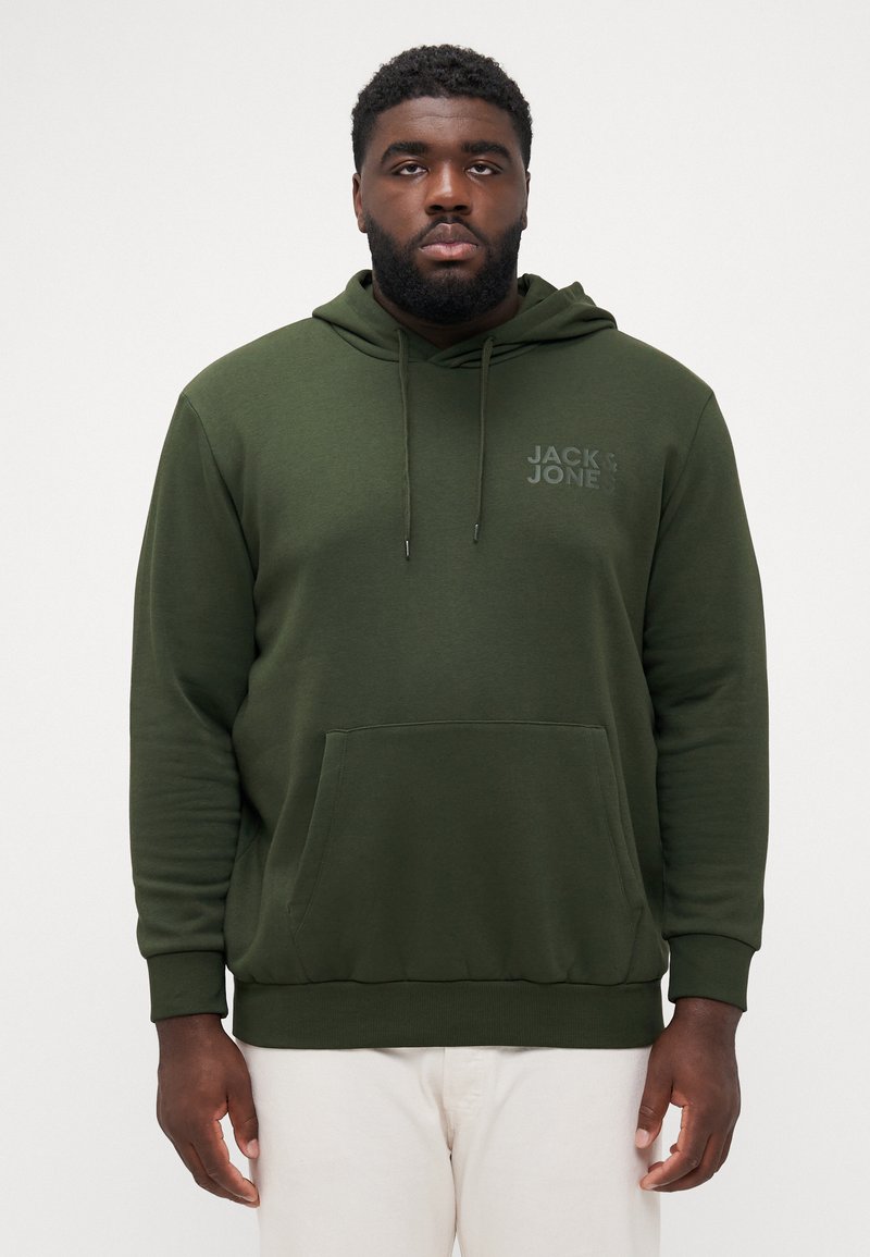 Olive green hoodie with a drawstring hood, front pocket, and Jack & Jones logo in a slightly darker shade on the chest. Soft fabric texture.