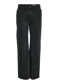 Breda svarta denimjeans med en slät textur, femficksdesign och en klassisk knapp- och dragkedjestängning i midjan.