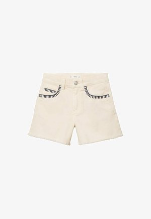 Crème-kleurige denim shorts met een rafelige zoom, voorzien van geborduurde zakaccenten en knoopsluiting. Klassiek vijf-pocket ontwerp.