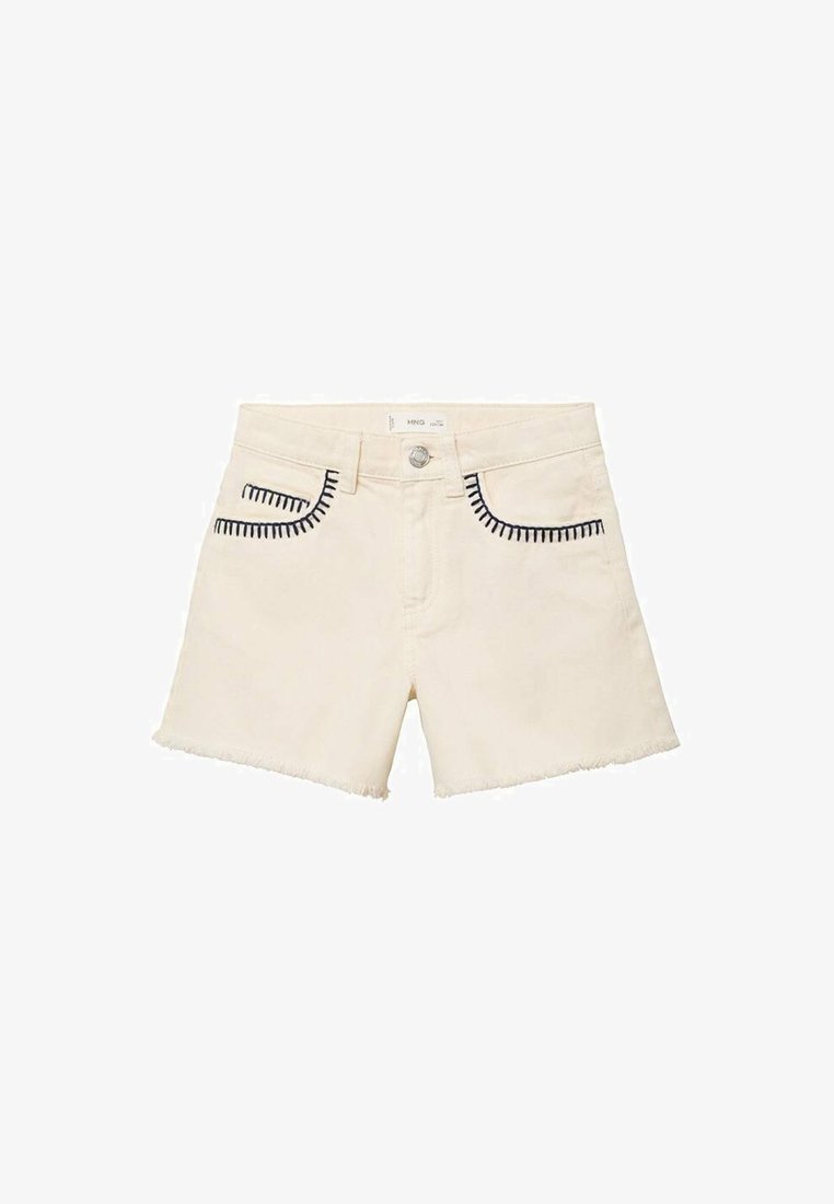Shorts di denim color crema con orlo grezzo, dettagli ricamati neri sulle tasche anteriori e chiusura con bottone.