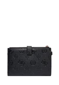 Cartera de cuero negro con una superficie texturizada y patrones de logo en relieve, cierre con cremallera y tapa de imán. Forma rectangular.