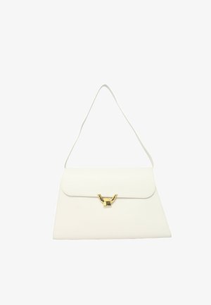 Borsa a tracolla bianca in pelle con un design strutturato, caratterizzata da una chiusura in metallo dorato e una tracolla piatta. La texture è liscia con una leggera venatura.
