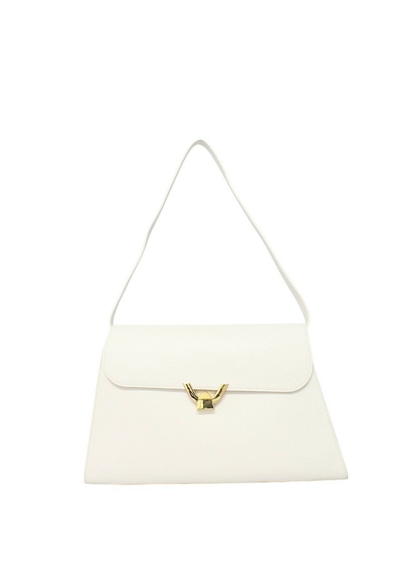 Borsa a tracolla bianca in pelle con un design strutturato, caratterizzata da una chiusura in metallo dorato e una tracolla piatta. La texture è liscia con una leggera venatura.