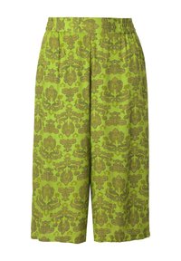 Groene culottes met een patroontje, vervaardigd uit een textiel met ingewikkelde bruine bloemmotieven, een elastische tailleband en een brede pijl.