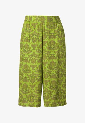 Culottes vertes à motif avec un tissu texturé présentant des motifs floraux bruns complexes, une taille élastique et une silhouette à jambes larges.