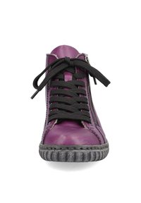Purple leather high-top sneaker with black laces, side zippers, and textured gray rubber sole. Features contrasting stitching detail.