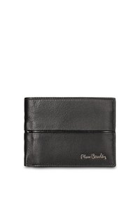 Portafoglio in pelle nera con una texture liscia, dotato di due fessure per carte e un logo impresso a rilievo. Design rettangolare, compatto ed elegante.