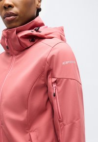 Gros plan sur une personne portant une veste softshell rose avec une capuche, une poche zippée sur la manche et un petit logo sur le haut du bras.