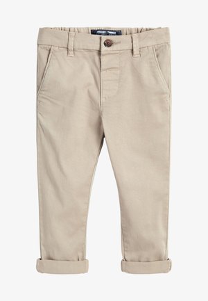 Chinos en coton beige avec fermeture à bouton, poches avant et ourlets retroussés. Texture lisse et design ajusté.