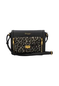 Sac à main noir avec une poche avant à imprimé léopard, des accessoires dorés, un fermoir à pression et une sangle de poitrine amovible. Matériau texturé sur l'ensemble.