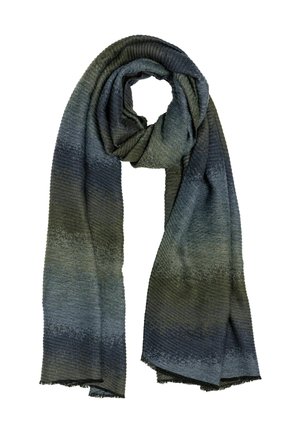 Texturierter Strickschal mit einem Verlauf von Dunkelgrün zu Hellgrün, mit fransigen Enden und einem subtilen Streifenmuster.