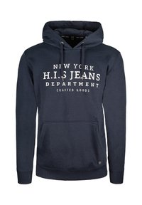 Sudadera con capucha de color azul marino, con texto impreso en blanco, bolsillo canguro en la parte delantera, capucha con cordones y puños y dobladillo acanalados. Textura de tela suave.