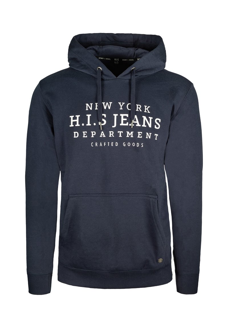 Sudadera con capucha de color azul marino, con texto impreso en blanco, bolsillo canguro en la parte delantera, capucha con cordones y puños y dobladillo acanalados. Textura de tela suave.
