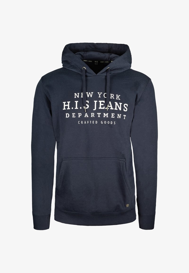 Felpa con cappuccio blu navy, con testo stampato bianco, tasca a marsupio frontale, cappuccio con lacci e polsini e orlo a coste. Morbido tessuto.
