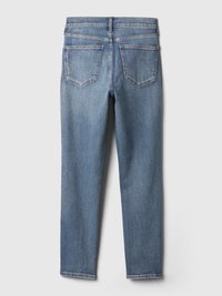 Jeans de denim azul com um corte reto, cinco bolsos e uma textura ligeiramente desbotada. Apresenta passadores de cinto e barra limpa.