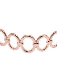 Catena circolare in oro rosa, con maglie lisce e componenti di collegamento, caratterizzata da cerchi alternati di dimensioni maggiori e minori per un effetto visivo interessante.