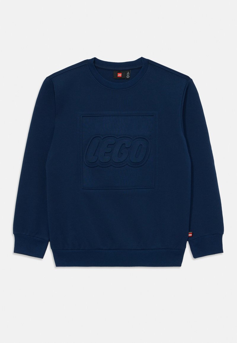 Navy sweatshirt with textured LEGO logo embossed in the center, crew neck, and ribbed cuffs and hem. Soft cotton blend material.