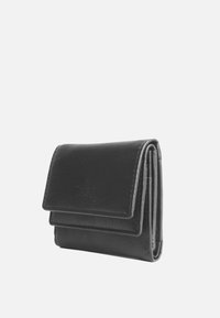 Black leather wallet with a rectangular shape, featuring a flap closure and embossed branding on the front. Smooth texture and minimalist design.