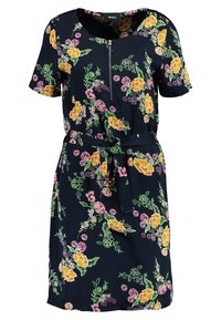 Robe florale avec un fond marine, manches courtes, fermeture éclair à l'avant, taille ceinturée, et fleurs jaunes et roses vives avec des accents verts.