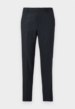 Dark gray tailored trousers made of textured fabric. Features a single button closure and straight leg design with side pockets.