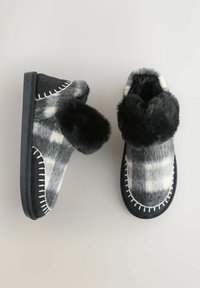 Grey and black checked slippers with faux fur trim, stitched detailing, and a black rubber sole, featuring a closed back and open front.