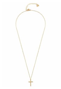 Collana con croce dorata e catena delicata. Presenta un semplice ciondolo a forma di croce piatta e un gancio regolabile con un anello per personalizzare la lunghezza.
