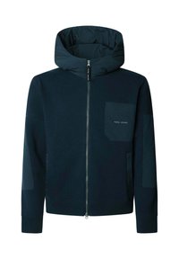 Chaqueta con cremallera de color azul marino, capucha acolchada, bolsillo frontal en el pecho con la etiqueta "Pepe Jeans" y dos bolsillos laterales.
