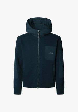 Tumši zils zip-up jakas ar pīkstu kapuci, priekšējā krūšu kabata ar uzrakstu "Pepe Jeans" un divas sānu kabatas.