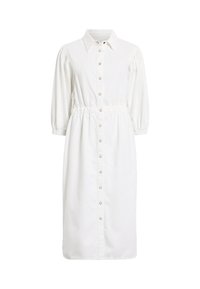 Weißes Baumwollhemdkleid mit Kragen, elastischem Bund, langen Ärmeln und geradem Schnitt. Mit goldfarbenen Knöpfen.