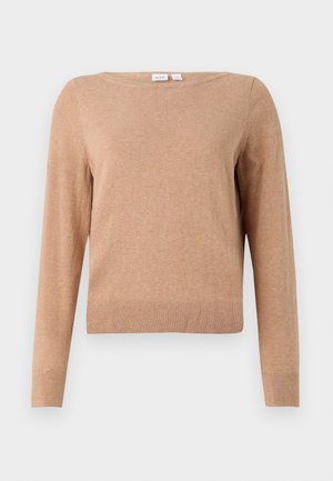 Beige long-sleeve crew neck sweater with ribbed hem and cuffs, displayed on a plain light background.