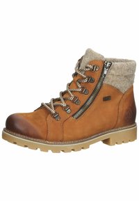 Helle Lederknöchelstiefel mit einem strukturierten grauen Strickbund, dekorativem Seiteneisen und robustem beigen Gummisohle. Mit gemusterten Schnürsenkeln.