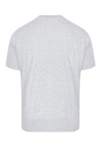 Grijze katoenen T-shirt met korte mouwen, ronde hals en een standaard pasvorm. De stof heeft een zachte, gladde textuur met een gemêleerd patroon.