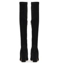 Knee-high black suede boots with a textured finish, featuring a side zipper and chunky heels. Smooth, form-fitting design.