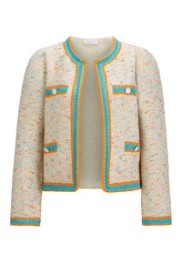 Veste en tissu tressé crème avec des éclats multicolores. Elle présente des bordures orange et teal, des manches bouffantes et deux poches avant boutonnées.