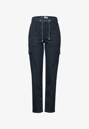 Pantaloni cargo blu navy in cotone, con vita regolabile tramite cordoncino, tasche laterali e design a gamba affusolata.