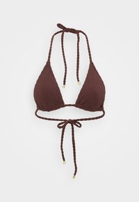 Brun ribbet bikini-top med trekantet kopper, justerbare snørestropper og detaljer i gulltone, laget av et teksturert stoff.