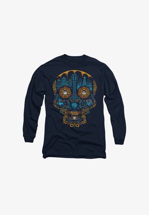 Navy long-sleeve shirt featuring a colorful skull design with floral patterns, whimsical details, and intricate accents in blue, orange, and yellow.
