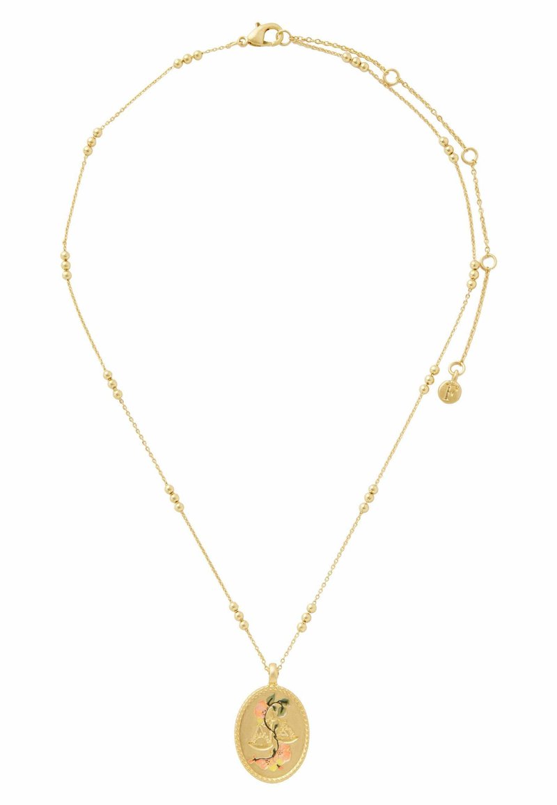 Collana in oro con pendente ovale decorativo raffigurante motivi floreali, piccole perline rotonde lungo la catena e una chiusura sicura.