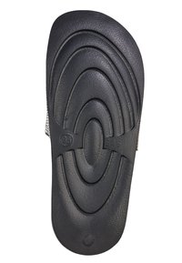 Sandale noire en caoutchouc avec une surface texturée. Présente des motifs ovales concentriques et des indications de taille (38, 646) sur la semelle pour l’adhérence et le confort.