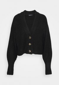 Black cropped knit cardigan with three large buttons and long sleeves, featuring a ribbed deep V-neck collar.