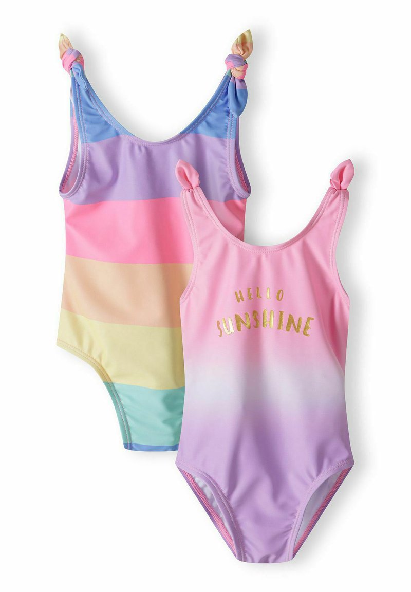 Két gyermek fürdőruha: az egyik pasztell vízszintes csíkokkal pink, levendula és világoskék színekben, a másik pedig pink színátmenetben, arany színű "HELLO SUNSHINE" felirattal.