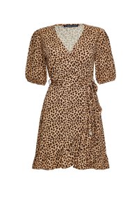Beige zavinovací šaty s hnědým leopardím vzorem. Mají krátké nabírané rukávy, volánový lem na spodním okraji a detail s opaskem v pase.