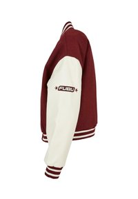 Maroon varsity jacket with white leather sleeves, ribbed collar, and cuffs. Features embroidered "FUBU" logo on the left sleeve.
